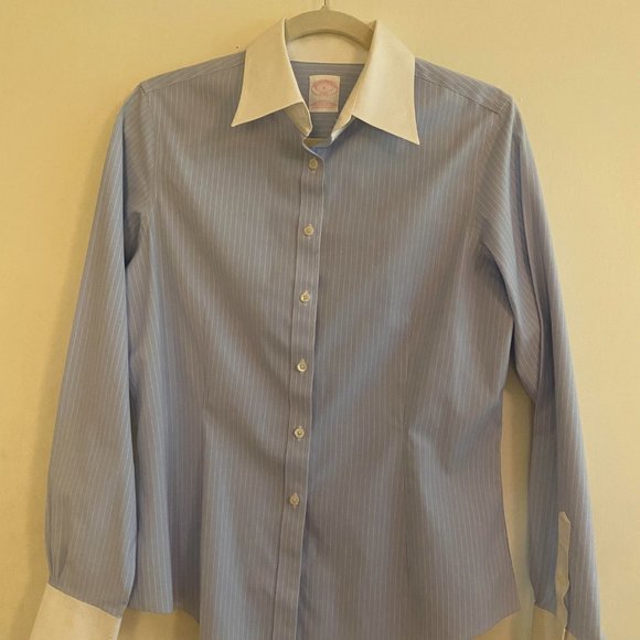 Brooks Brothers Button Up Shirt Crisp Like New Blue Stripe Size 8 Medium - Picture 1 of 4